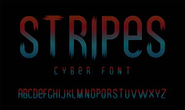 Kenarlarında şeffaf bir eğimle paralel çizgilerden oluşan gelecekçi siber yazı tipi