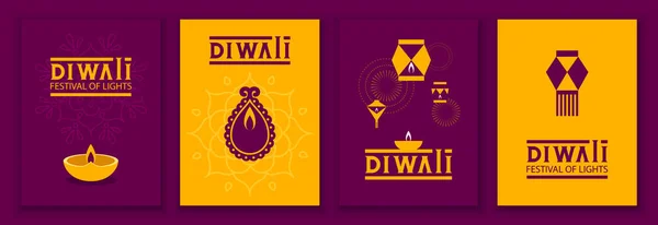 Set Affiche Pour Les Vacances Indiennes Diwali Avec Lanterne Ciel — Image vectorielle