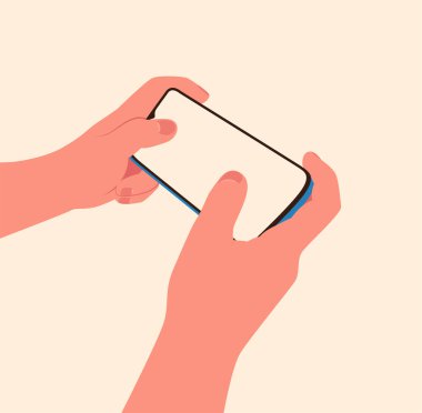 İzometrik izolasyonda iki el yatay olarak akıllı telefonu tutuyor. Mobil oyun konsepti
