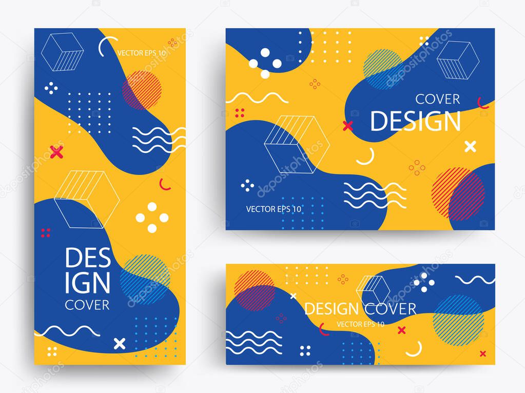 Cheerful Memphis with geometric shapes. Retro style in yellow and blue colors. Ideal for advertising, invitations, presentations or holidays. EPS10 vector