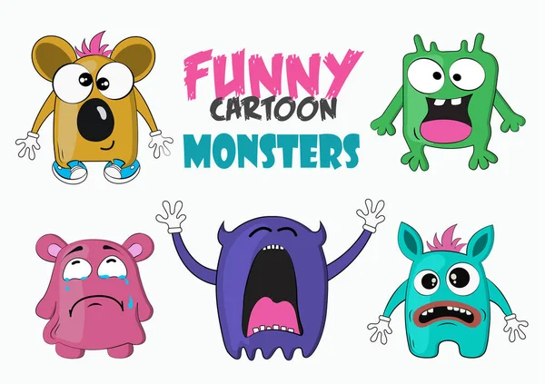 Lustige Karikaturen Bunte Monster Monster Mit Emotionen Gesichtsausdruck Traurige Glückliche — Stockvektor