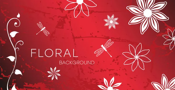 Κόκκινο Floral Φόντο Λιβελούλες Και Σιλουέτα Από Φύλλωμα Και Λουλούδια — Διανυσματικό Αρχείο