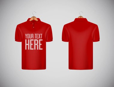 Erkekler ince yapılı dar kısa kollu polo gömleği ile yazı reklam için. Kırmızı polo gömlek marka ahşap askı izole mock-up tasarım şablonu ile.