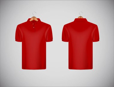 Erkekler ince yapılı dar kısa kollu polo gömleği. Kırmızı polo gömlek marka ahşap askı izole mock-up tasarım şablonu ile.