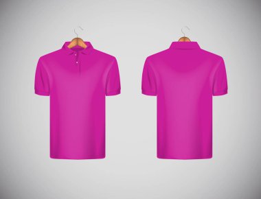 Erkekler ince yapılı dar kısa kollu polo gömleği. Pembe polo gömlek marka ahşap askı izole mock-up tasarım şablonu ile.