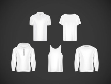 Beyaz erkek giyim giyim koleksiyonu. İnce yapılı dar kısa kollu polo gömlek, hoody, tişört . 