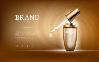 Serum özü damlalık şişe ile altın. Cilt Bakımı kollajen hyaluronik nem formül ile tedavi petek tasarım öğeleri. Dna sarmalı koruma ve çözüm kaldırma yaş damla