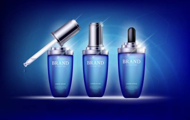 Serum özü aqua, damlalık şişe ile deniz. Cilt Bakımı kollajen hyaluronik nem formül ile tedavi petek tasarım öğeleri. Dna sarmalı koruma ve çözüm kaldırma yaş damla