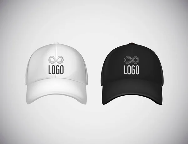 Realista Vista Frontal Gorras Béisbol Blanco Negro Con Letras Logotipo — Archivo Imágenes Vectoriales