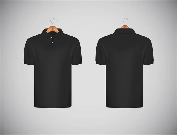 メンズ スリム フィット半袖ポロシャツ ブランドの木製ハンガー モックアップ デザイン テンプレートで黒のポロシャツ — ストックベクタ
