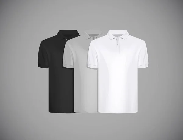 広告のためのメンズ スリム フィット半袖ポロシャツ ブランディングのための黒 灰色および白のポロシャツ コレクション分離モックアップ デザイン テンプレート — ストックベクタ