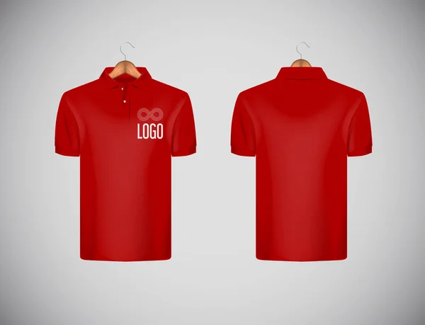 広告用ロゴ メンズ スリム フィット半袖ポロシャツ 赤のポロシャツ ブランドの木製ハンガー分離モックアップ デザイン テンプレート — ストックベクタ