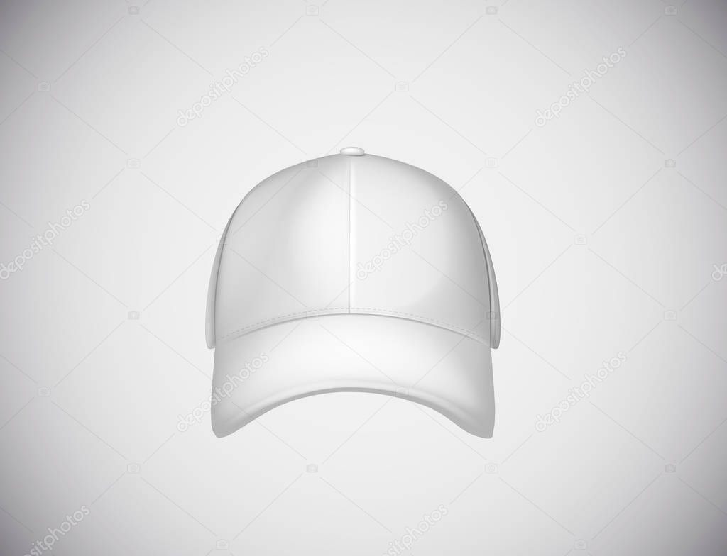 Realistic front view white baseball cap isolated on white background vector illustration.