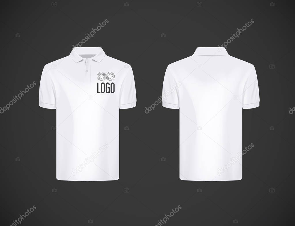 Men's slim-fitting short sleeve polo shirt with logo for advertising. White polo shirt isolated mock-up design template for branding.