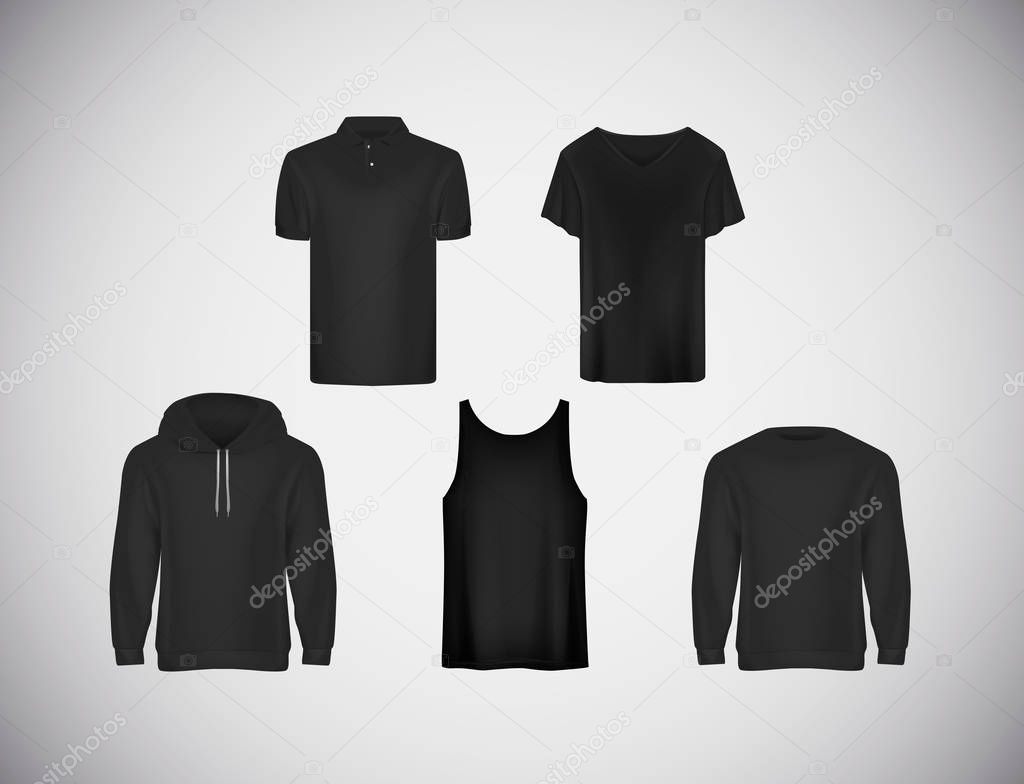 Men's wear black clothing collection. Slim-fitting short sleeve polo shirt, hoody, sweatshirt . 