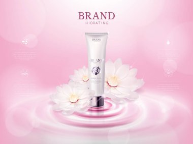 Gül/Kamelya çiçeği kozmetik cilt için lotus çiçeği ile reklam, su üzerine kozmetik mockup tüp reklamlar şablonundaki ve izole nemlendirici.