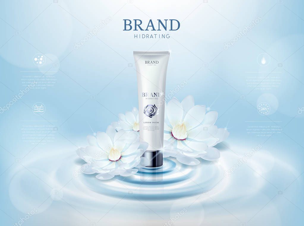 Moisturizing rose/camellia flower cosmetic skin in tube ads template for advertising with lotus flower, cosmetic mockup upon water and isolated.