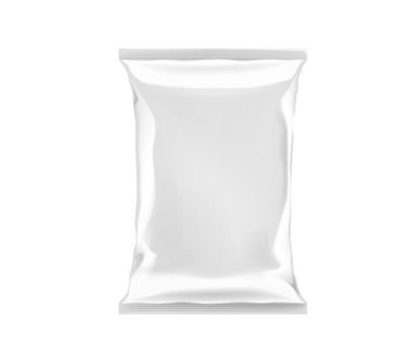 Beyaz boş folyo poşet ambalaj izole. Marka cips, çerez, kurabiye, fıstık için için mock-up tasarım şablonu.