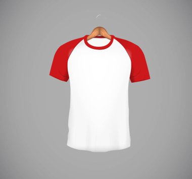 Erkekler ince yapılı dar kısa kollu beyzbol forması ile ahşap askı. Marka için kırmızı Mock-up tasarım şablonu.