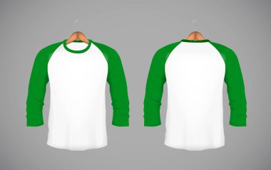 Erkekler ince yapılı dar uzun kollu beyzbol forması ile ahşap askı. Marka için yeşil Mock-up tasarım şablonu.