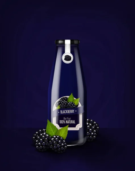 Realistic Glass Bottle Blackberry Juice Advertisnig Mock Template Drink — Stock Vector