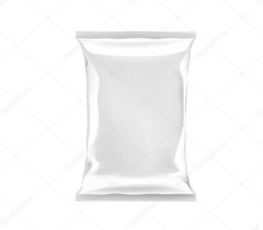 White blank foil plastic bag packaging isolated. Mock-up design template for branding for chips, snack, cookies, peanuts.