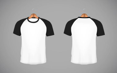 Erkekler ince yapılı dar kısa kollu beyzbol forması ile ahşap askı. Marka için siyah Mock-up tasarım şablonu.