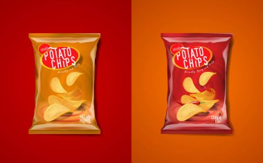 Patates cipsi reklam çanta, klasik tuz ve biber lezzet ve baharatlı biber lezzet.