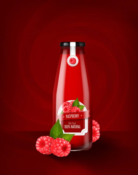 Realistic Glass Bottle Raspberry Juice Advertisnig Mock Template Drink — Stock Vector