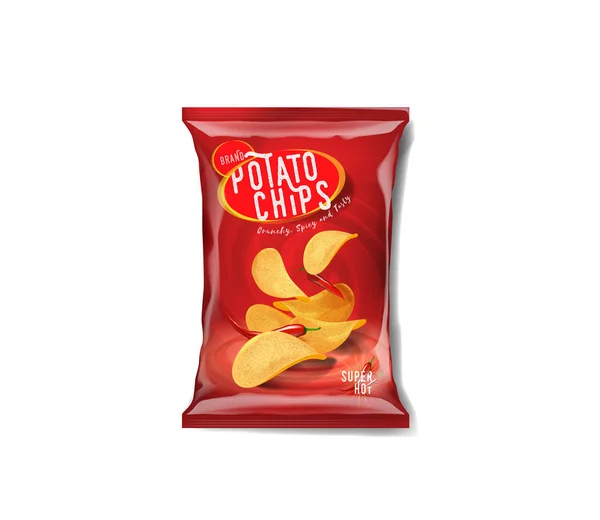 Burgonya Chips Reklám Táska Fűszeres Chili Paprika — Stock Vector