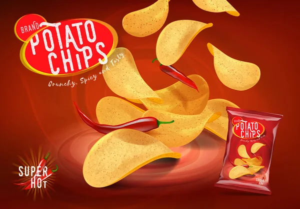 Pikante Chilikartoffelchips Werbung Chips Mit Chiligeschmack Illustration — Stockvektor