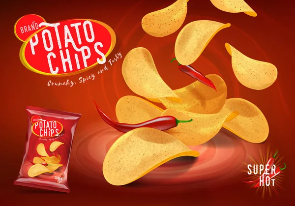 Pikante Chilikartoffelchips Werbung Chips Mit Chiligeschmack Illustration — Stockvektor