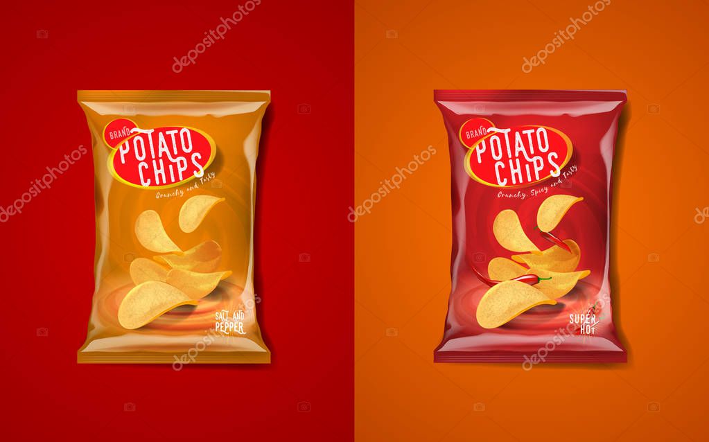 Potato chips advertisement bag, classic salt and pepper flavor and chilli spicy flavor.