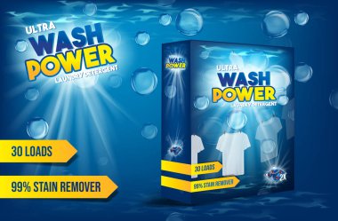 Çamaşırhane deterjan kutusu ekleyin. Beyaz giysiler, baloncuklarla kurumaya takılıyorum. Ürün ambalaj tasarımı.