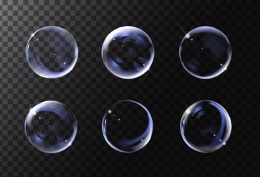 Siyah arka plan üzerine gerçekçi şeffaf sabun köpüğü. Sabun köpüğü kamaşma ile ayarla. Kabarcıklar illüstrasyon vektör.