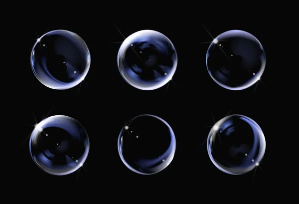 Burbuja Jabón Transparente Realista Sobre Fondo Negro Juego Burbujas Jabón — Vector de stock