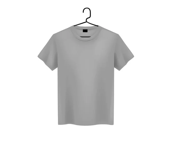前面的看法的男人的灰色 T恤模拟在金属衣架和轻的背景 背景的短袖 T恤模板 — 图库矢量图片