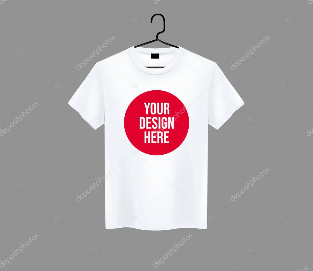 Men white T-shirt. Realistic mockup with brand text for advertising. Short sleeve T-shirt template on background.