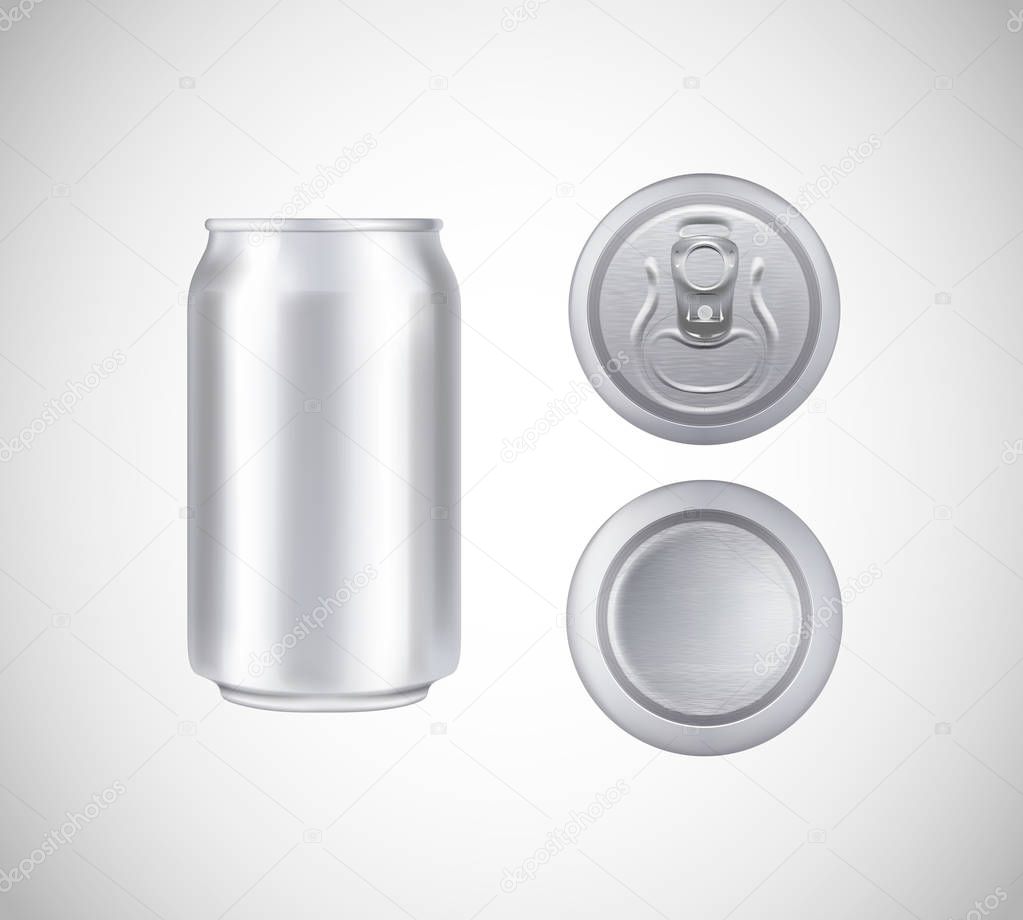 Metal can top, front, bottom view. Can vector visual 330 ml. For beer, lager, alcohol, soft drinks, soda advertising.