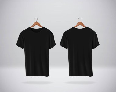 Siyah T-shirt Mock-up giyim asılı üzerinde izole duvar, boş ön ve arka yan görünüm.