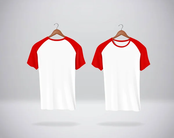 红色棒球 T恤模型衣服挂在墙上 空白的前部和后侧视图 — 图库矢量图片