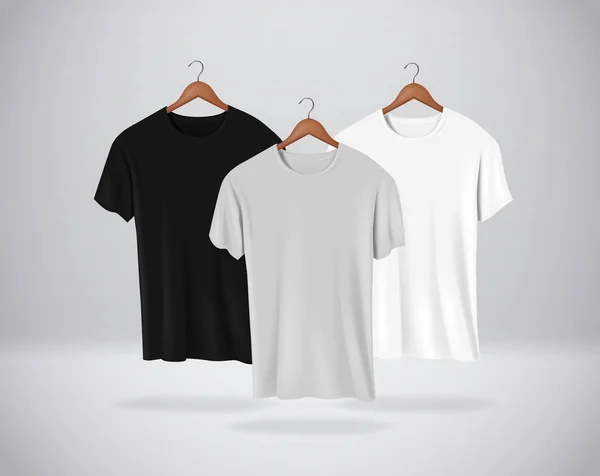基本短袖 T恤系列 模型的衣服挂在墙上 孤零一落 您的设计或徽标的正面视图 灰色和白色 — 图库矢量图片