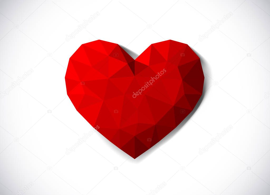 Red heart in low poly style. Love concept. Origami heart.