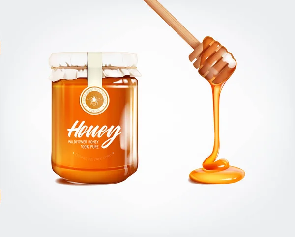 Honing Pot Honing Stromen Druipend Van Houten Dipper Stick Honing — Stockvector