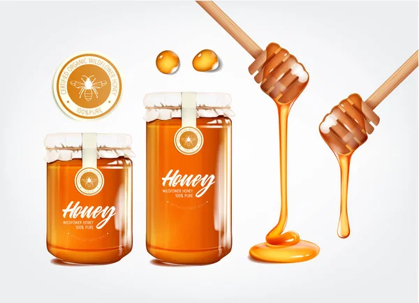 Honey Set Botol Madu Dan Madu Mengalir Menetes Dari Kayu - Stok Vektor