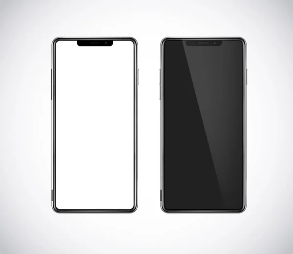 Nieuwe fron smartphone, telefoon prototype geïsoleerd. Mobiele met blank — Stockvector