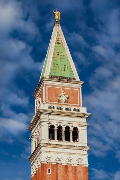 Saint Mark Bell Tower Center Venice Golden Angel Statue Top — Stock Photo, Image