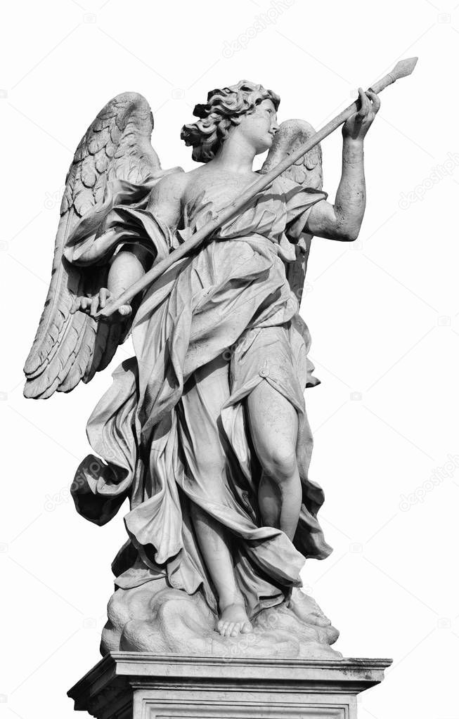 Angel holding Holy Lance of Longinus statue, a 17th century baroque masterpiece in Rome (isolated on white background)
