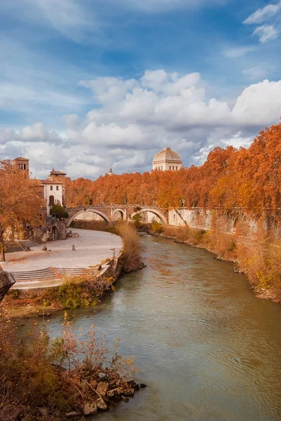 Otoño Follaje Roma Hojas Rojas Amarillas Cerca Isla Tíber Con — Foto de Stock