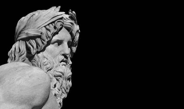 Greek or Roman God. Marble head of River Ganges statue from baroque Fountain of Four River, erected in the 17th century in the historic center of Rome (Black and White with copy space)